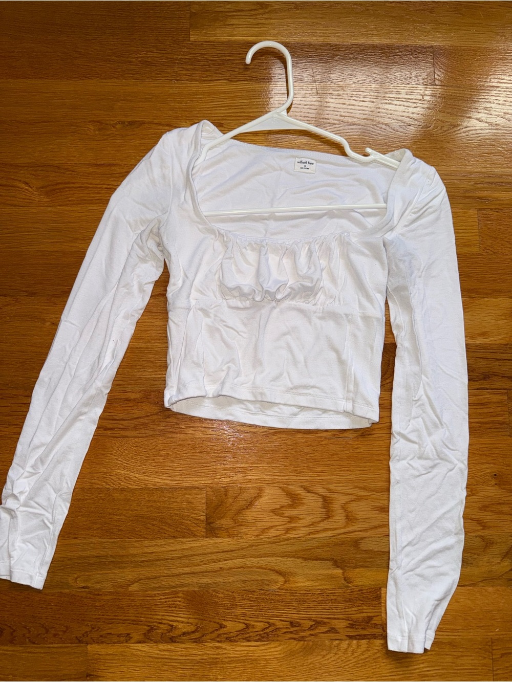 Aritzia White Long-Sleeve Square-Neck Crop Top with Ruffle